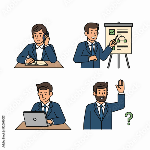 Professional business people in various work situations and office environments interacting with technology and presenting ideas