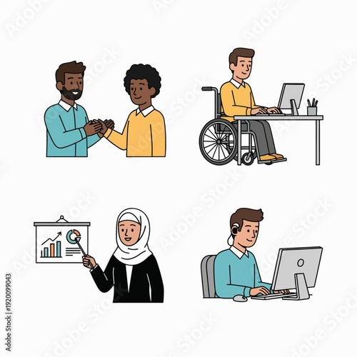 Diverse professionals collaborating in inclusive workspaces demonstrating teamwork and accessibility for all employees