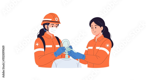 Two workers in orange safety uniforms exchanging a document.