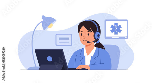 Woman working on laptop with headset in a customer service or telemedicine setting.