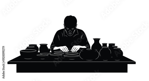 Potter Shaping Clay on Wheel Silhouette Illustration