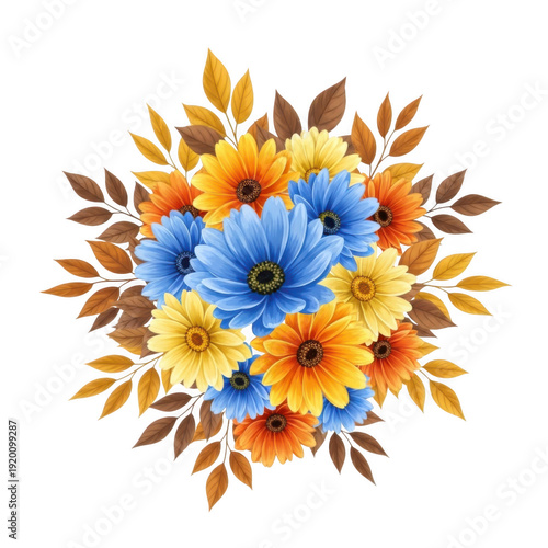 A vibrant and colorful abstract floral design with a circular arrangement isolated on transparent background