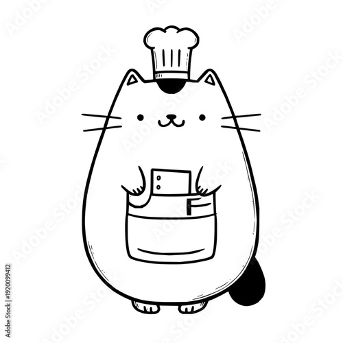 Chef Cat Wearing Hat Holding Kitchen Utensils on White Background with cooking and cartoon and illustration in line art vector for isolated