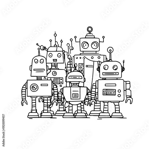 Group of diverse robots standing together in a line showcasing various designs and features on a white background