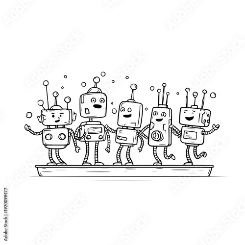 Group of happy robots standing on platform with thought bubbles illustration