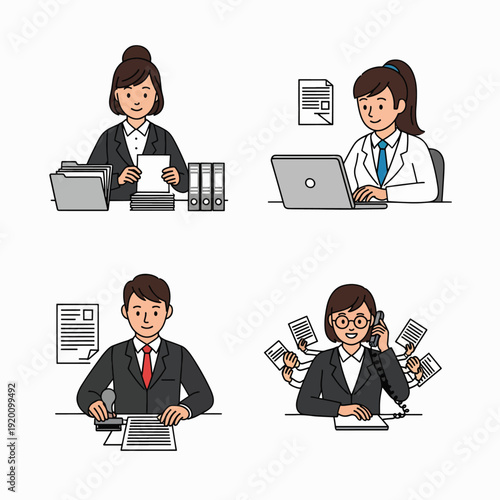Business Professionals Working in Office Environment Performing Various Tasks Efficiently
