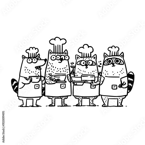 Four raccoons wearing chef hats and aprons standing together in a kitchen setting with utensils