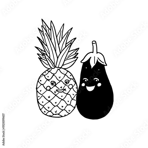 Smiling pineapple and eggplant duo cartoon fruits with happy faces black and white illustration