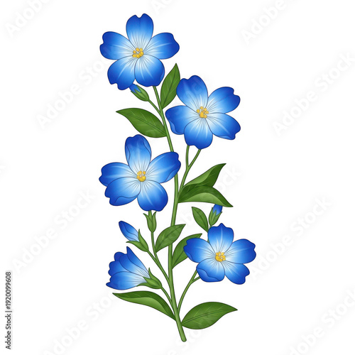 A beautiful bouquet of blue flowers with green leaves and stems isolated on transparent background