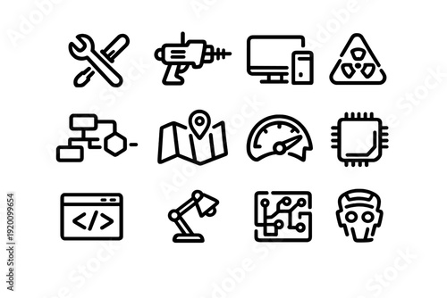 Set of technology and science fiction line icons including tools computer radiation map microchip coding and robot head on white background