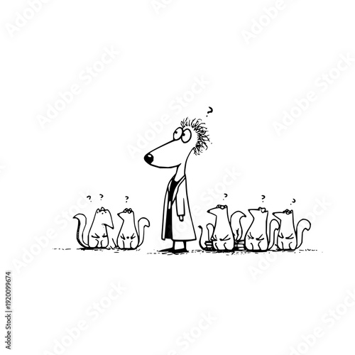 Confused dog stands among puzzled cats in a thought provoking scene