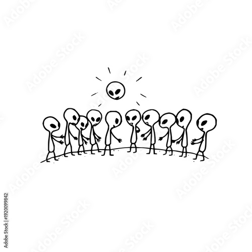 Alien observes group of stick figures in awe and confusion standing in line