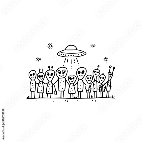 Aliens stand under ufo with beams smiling and waving in a cartoonish scene with stars