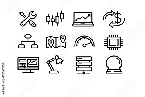Business and technology line icon set featuring financial charts data analysis server hardware and equipment on white background