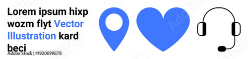 Customer support, location services, contact center, global outreach, communication tools, user assistance. Blue location pin, heart shape headset icon. Customer support and communication tools