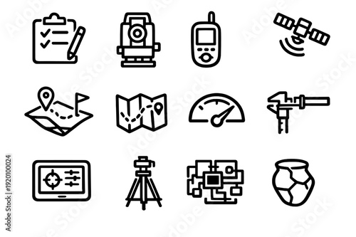 Land surveying and archaeology equipment icons set including theodolite map satellite tripod and ancient pottery artifacts for site mapping
