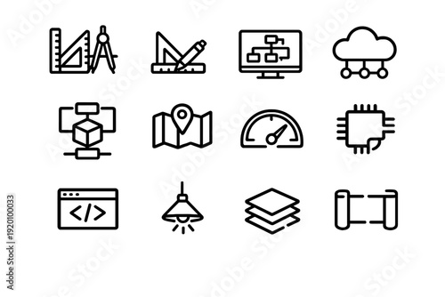 Set of engineering and software development line icons including tools for design architecture and technology infrastructure on white
