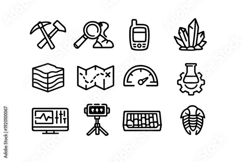 Geology and paleontology line icon set featuring mining tools crystals fossils map and scientific equipment for earth science research