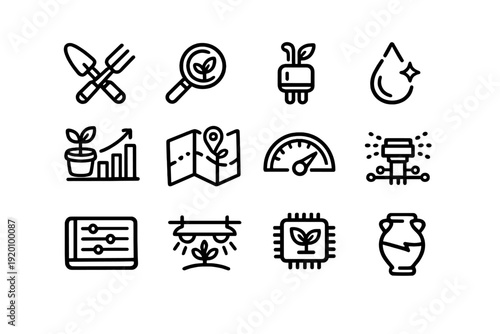 Smart farming and agriculture technology line icons featuring gardening tools green energy plant growth monitoring and automated irrigation