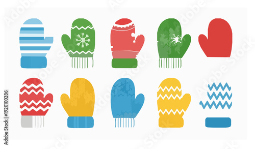 Winter Mittens Collection Vector Illustration with Knitted Patterns