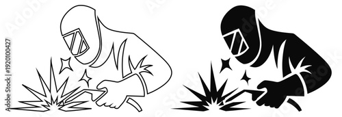 Welder Working with Torch Linear and Glyph Vector Icon Set