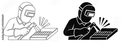Welder Working with Torch Icon Vector Set, Industrial Welding Sign