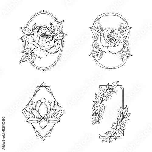 Elegant Floral Emblems Set Featuring Peony Rose Lotus and Flower Arrangements for Artistic Design Projects