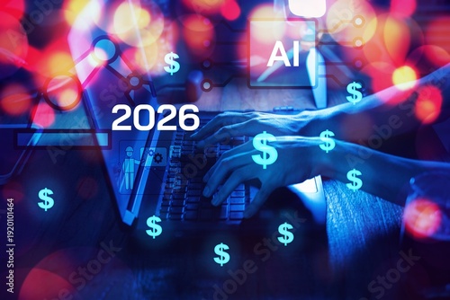 Wallpaper Mural Year 2026 AI disruption Concept, AI improvement,Robots have a role to play in replacing labor, 2026 companies are starting to manage human work alongside robots to reduce cost and more productivity Torontodigital.ca