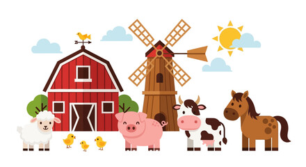 Fototapete Bauernhof Tiere an roter Scheune mit Windmühle  © Avra