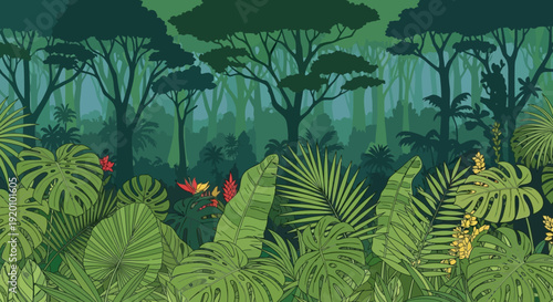 Illustration of a lush forest with diverse foliage and trees from a low viewpoint