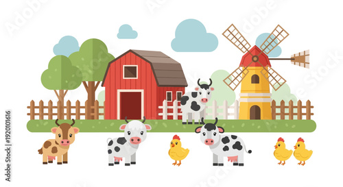 Farm animals gathered near a red barn and windmill in a rural landscape viewed from the front