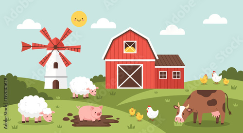 Farm animals grazing in a green field with a red barn and windmill in the background, viewed from a distance