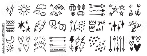 Stars sparkles hearts arrows diamonds symbols set collection doodle hand drawn icon. Outline drawing sign line clipart symbol.