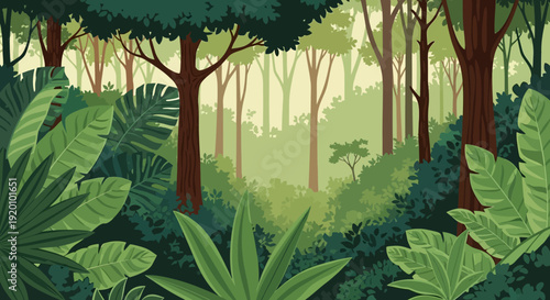 A serene forest landscape illustration with lush foliage and trees viewed from a tranquil vantage point within Whisk forest scene