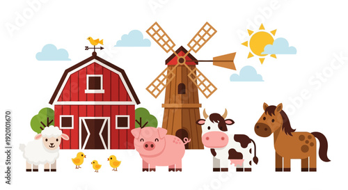 Farm animals gathered around a red barn and windmill on a sunny day outdoors vector illustration