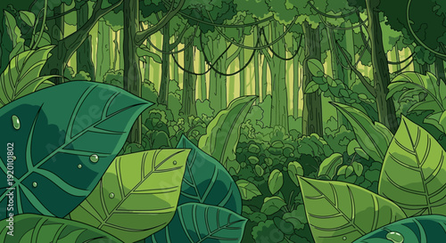 Dense forest illustration featuring lush foliage and trees from a low viewpoint