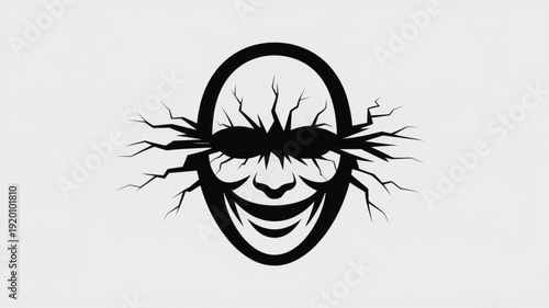 Black and white cracked smiling mask with exposed inner lines