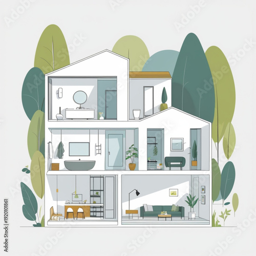 A modern house with a cutaway view showcasing its interior design and layout