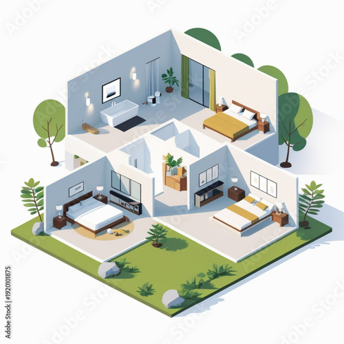 A modern house with a cutaway view showing its interior design and layout