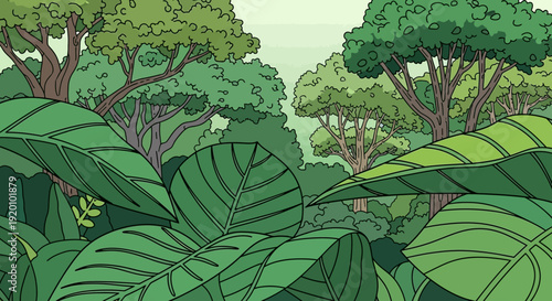 Dense foliage illustration of lush trees and vibrant plants in a serene forest landscape viewed from a low angle Whisk