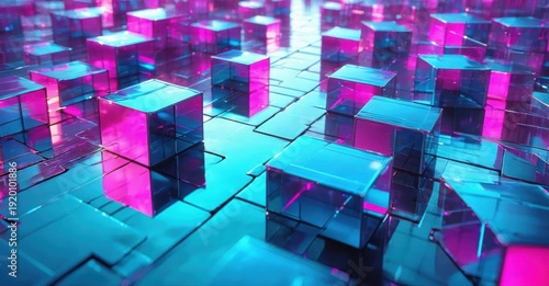 Abstract digital landscape. Cubes glow with vibrant pink, blue hues. Reflections create complex patterns, futuristic feel.