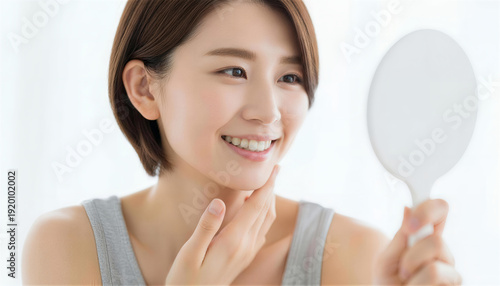 Plakat 手鏡を持ち美しい歯と笑顔を確認する若い女性