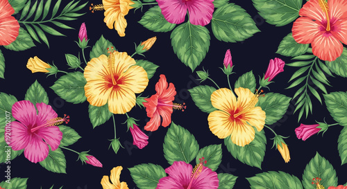 Tropical flowers and leaves pattern on a dark background viewed from above Whisk 45a1fa01308c9ee953e423007bda3a41dr eps illustration