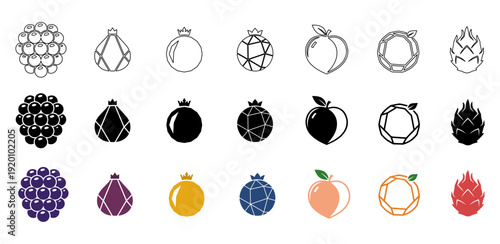Fruit icon set with blackberry dragonfruit and peach in outline silhouette and colorful flat style for organic food branding.