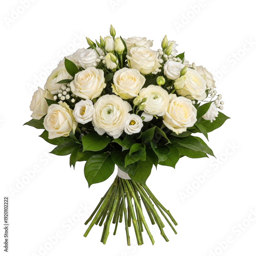 A beautiful bouquet of white roses wrapped in green paper isolated on transparent background