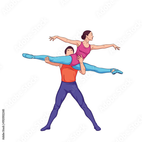 Illustration of a man and woman performing a dance lift with outstretched arms against a plain white background with a dynamic and artistic style.