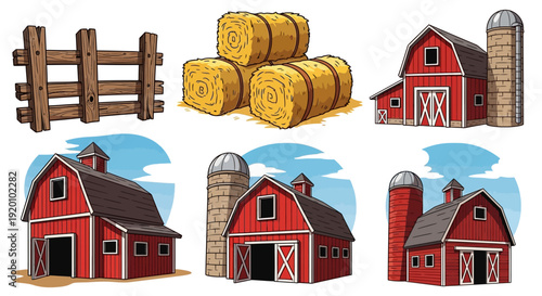 Collection of red barns and farm elements set against a serene sky