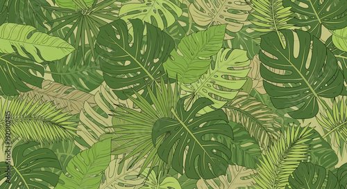 Tropical leaves pattern illustration featuring monstera, palm, and foliage in various shades of green