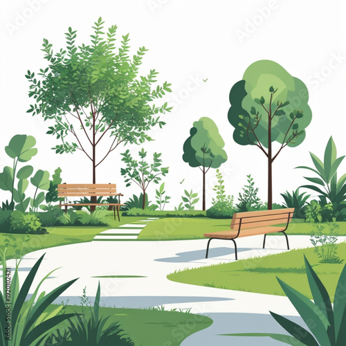 park, bench, tree, green, nature, illustration, vector, graphic, design, flat, modern, serene, peaceful, garden, path, walkway, grass, foliage, landscape, scenery, recreation, outdoors, relaxation, ca