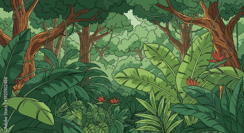 Lush forest illustration featuring trees, foliage, plants, flowers, and wildlife from a bird's eye view